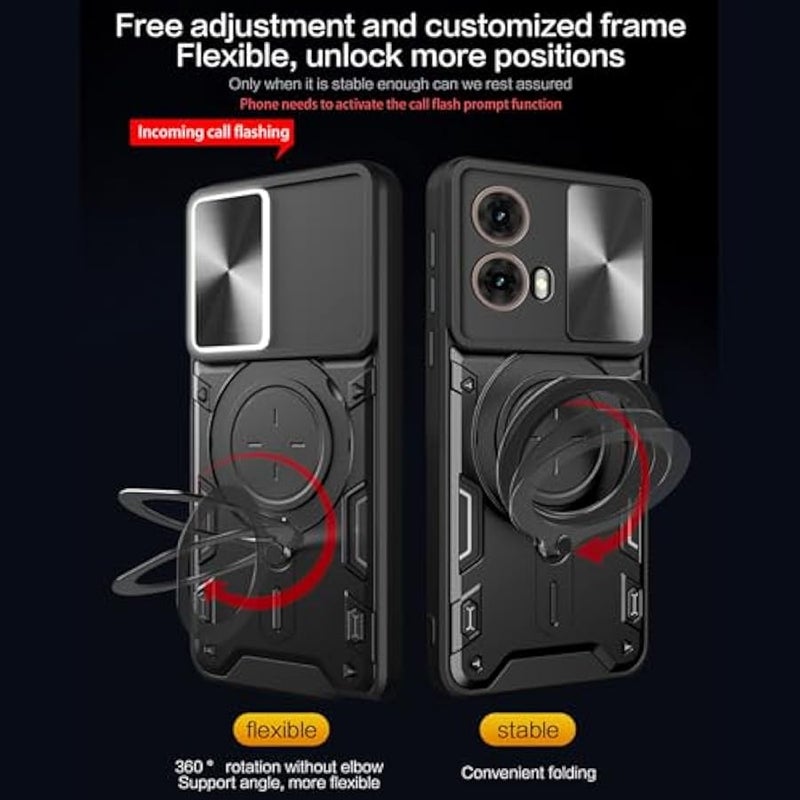 Armor Case for Motorola Moto G85 with Slide Camera Cover for Men, Military Grade Shockproof Case with Rotatable Big Ring Kickstand for Motorola Moto G85 5G JS, Black - Image 4